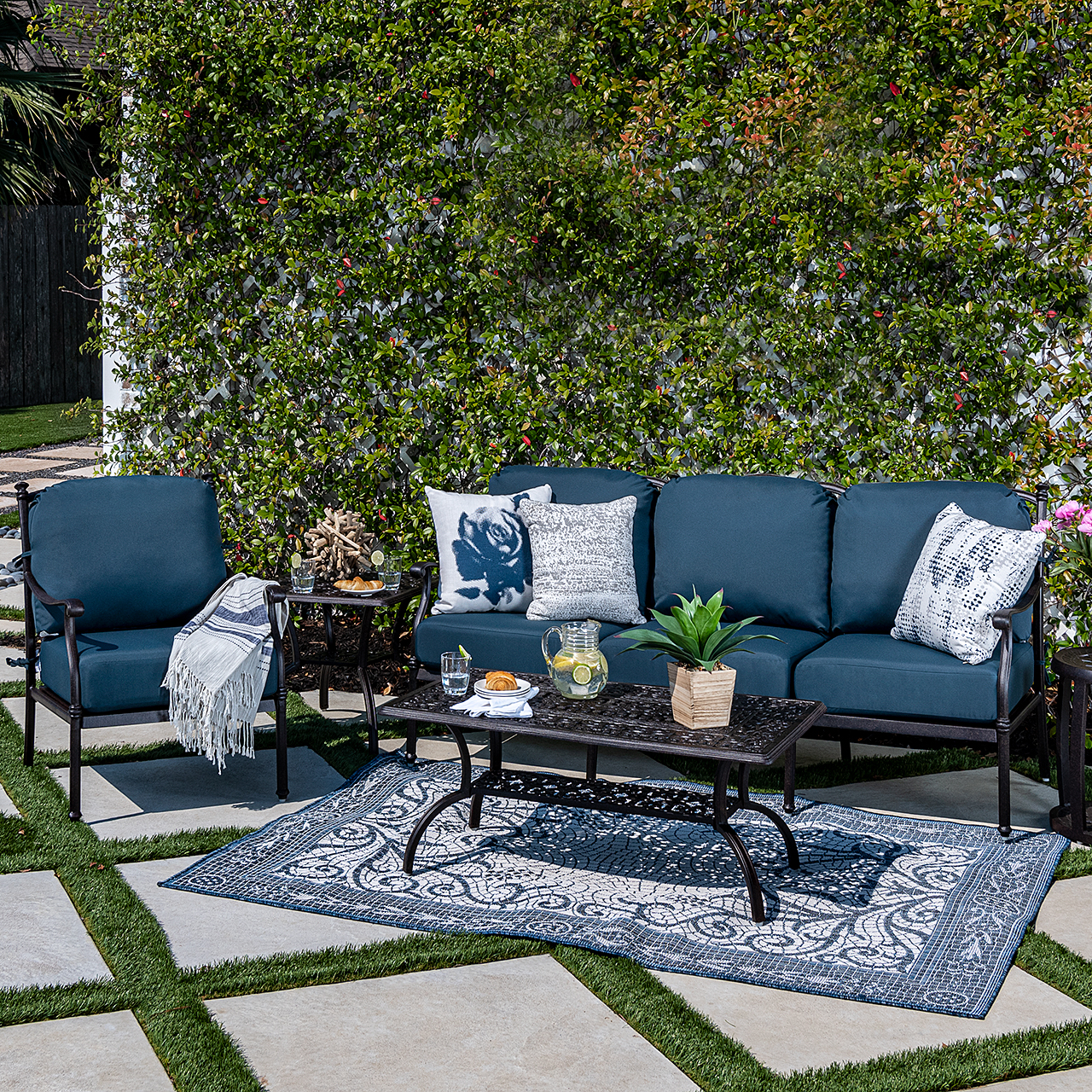 Milan Aged Bronze Cast Aluminum with Cushions 3 Piece Sofa Group + 45 x 24 in. Coffee Table (Navy)