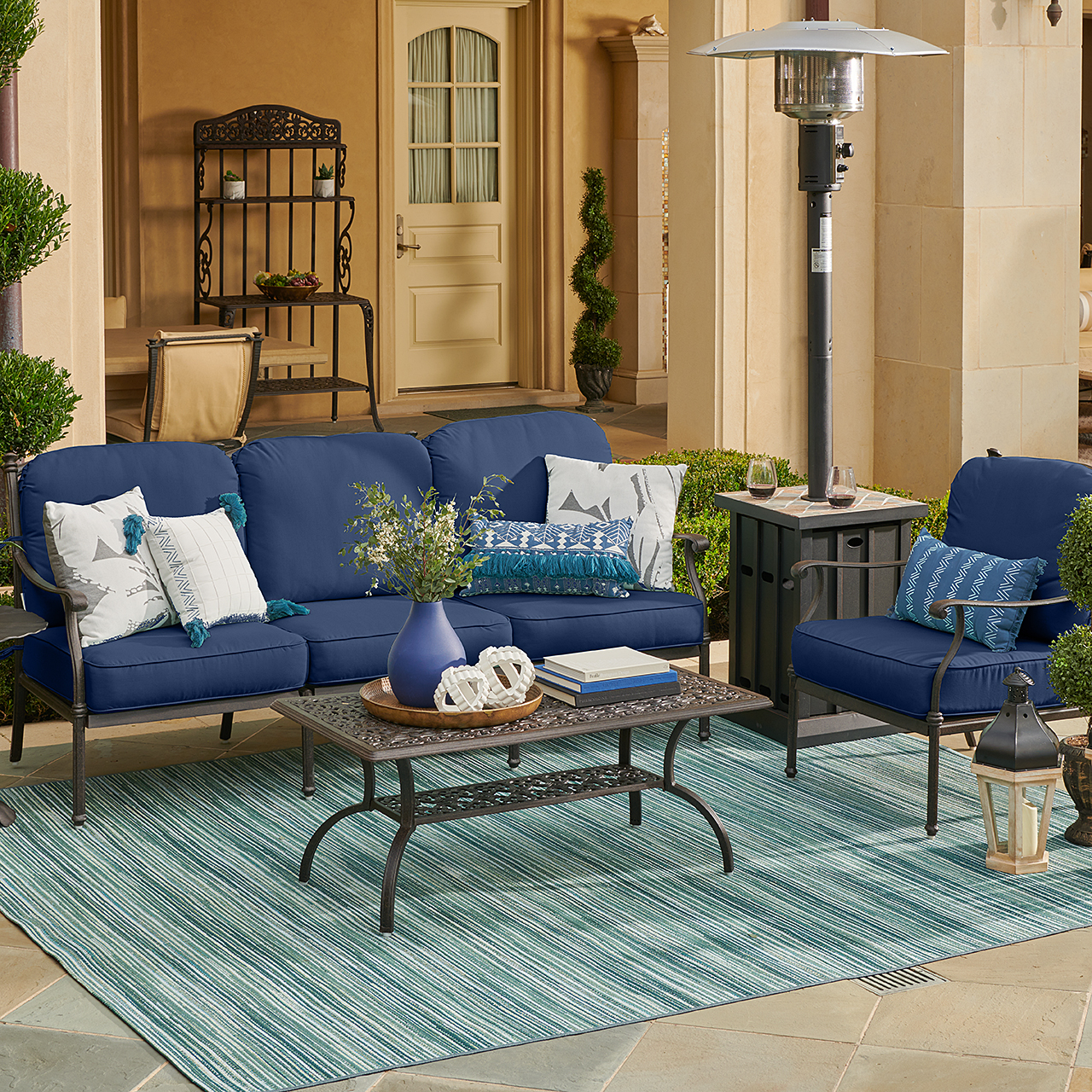 Milan Aged Bronze Cast Aluminum with Cushions 3 Piece Sofa Group + 45 x 24 in. Coffee Table (Spectrum Indigo)