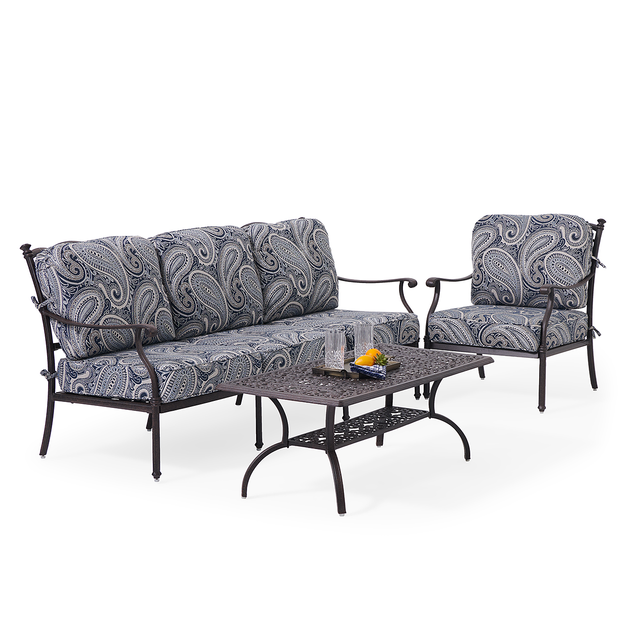 Milan Aged Bronze Cast Aluminum with Cushions 3 Piece Sofa Group + 45 x 24 in. Coffee Table (Royce Indigo)