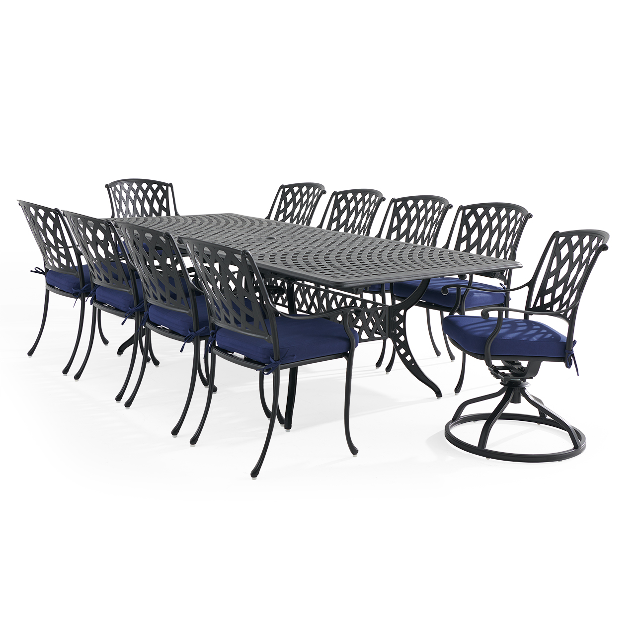 Tivoli Matte Black Cast Aluminum with Cushions 11 Piece Combo Dining Set + 71-103 x 44 in. Extension Table (Tempo Navy)