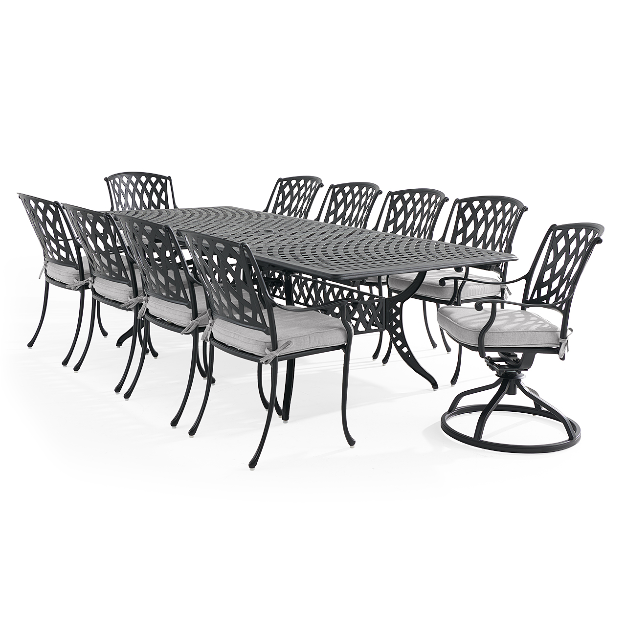 Tivoli Matte Black Cast Aluminum with Cushions 11 Piece Combo Dining Set + 71-103 x 44 in. Extension Table (Canvas Granite)