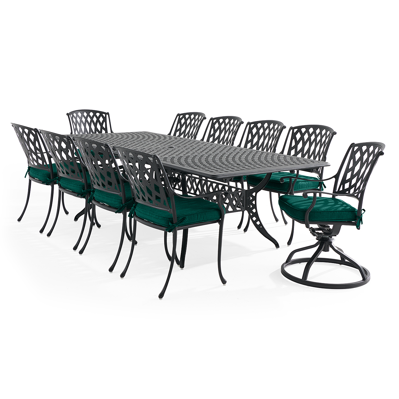 Tivoli Matte Black Cast Aluminum with Cushions 11 Piece Combo Dining Set + 71-103 x 44 in. Extension Table (Canvas Forest Green)