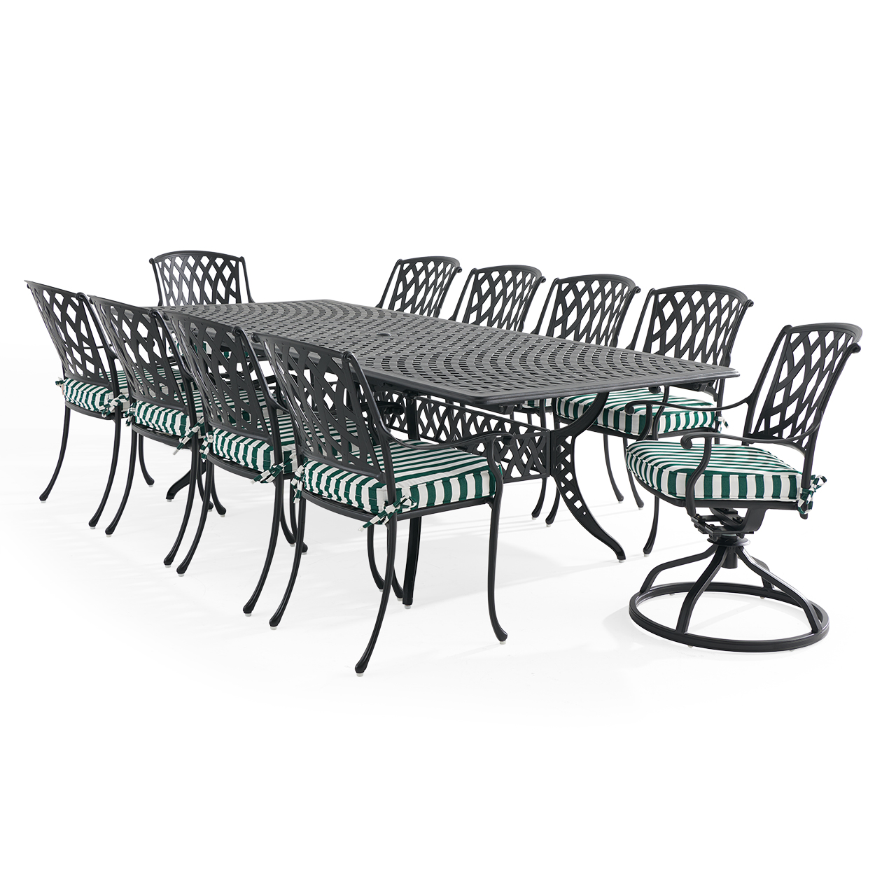 Tivoli Matte Black Cast Aluminum with Cushions 11 Piece Combo Dining Set + 71-103 x 44 in. Extension Table (Mason Forest Green)