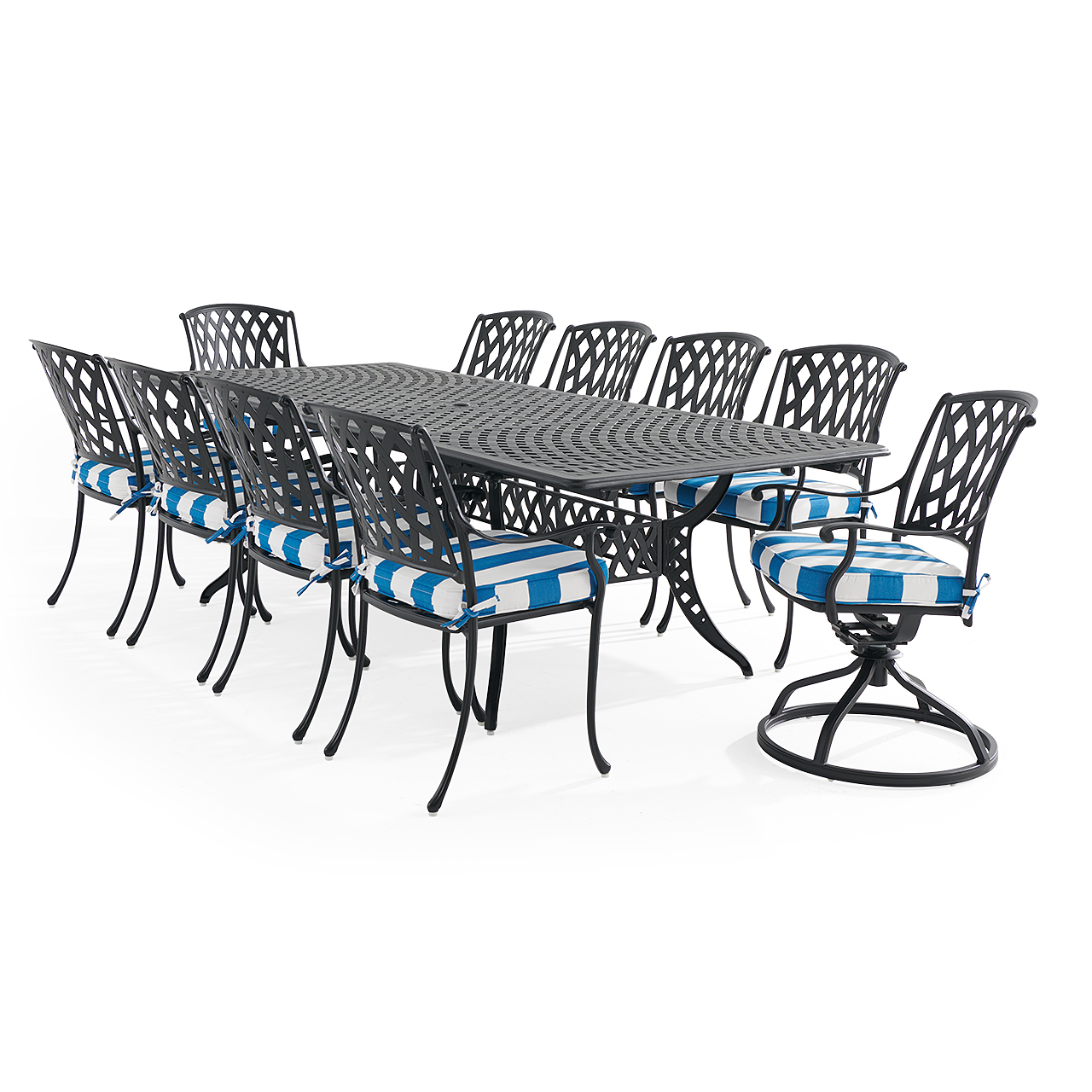 Tivoli Matte Black Cast Aluminum with Cushions 11 Piece Combo Dining Set + 71-103 x 44 in. Extension Table (Cabana Regatta)