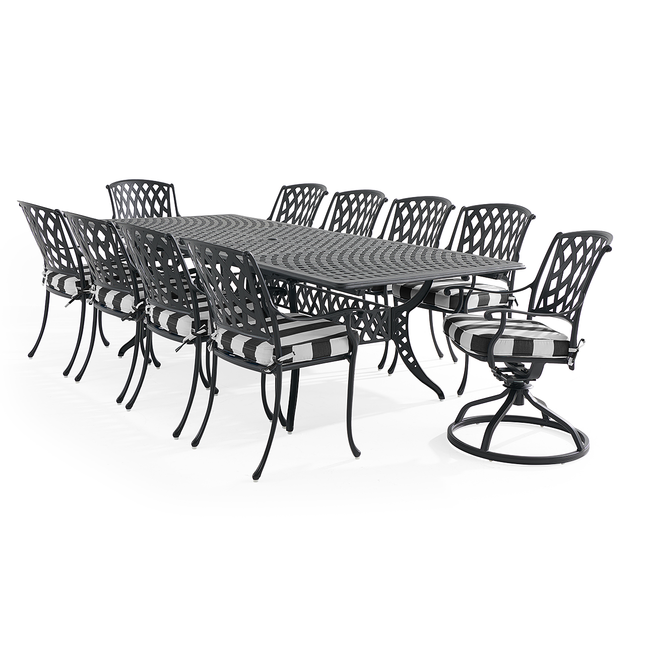 Tivoli Matte Black Cast Aluminum with Cushions 11 Piece Combo Dining Set + 71-103 x 44 in. Extension Table (Cabana Classic)