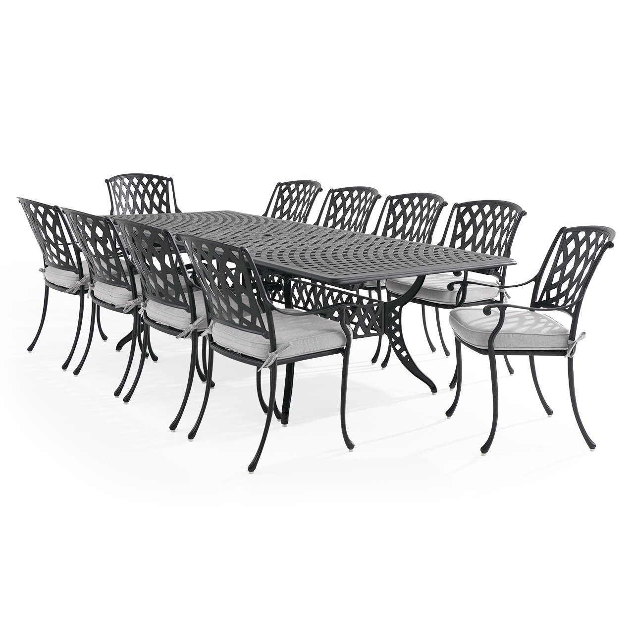 Tivoli Matte Black Cast Aluminum with Cushions 11 Piece Dining Set + 71-103 x 44 in. Extension Table (Canvas Granite)