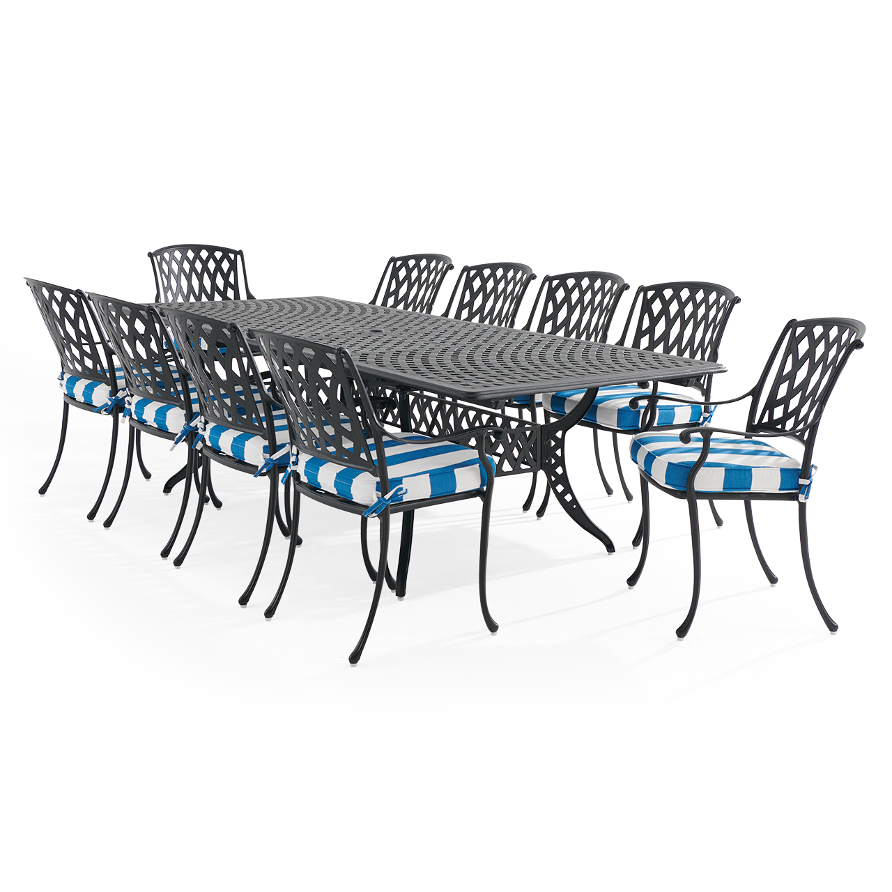 Tivoli Matte Black Cast Aluminum with Cushions 11 Piece Dining Set + 71-103 x 44 in. Extension Table (Cabana Regatta)