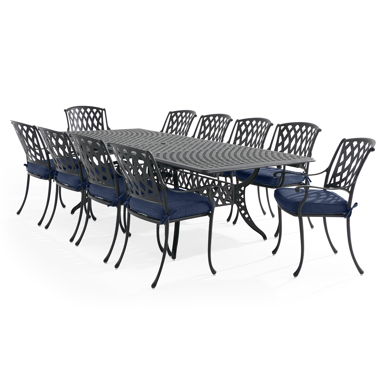 Tivoli Matte Black Cast Aluminum with Cushions 11 Piece Dining Set + 71-103 x 44 in. Extension Table (Spectrum Indigo)