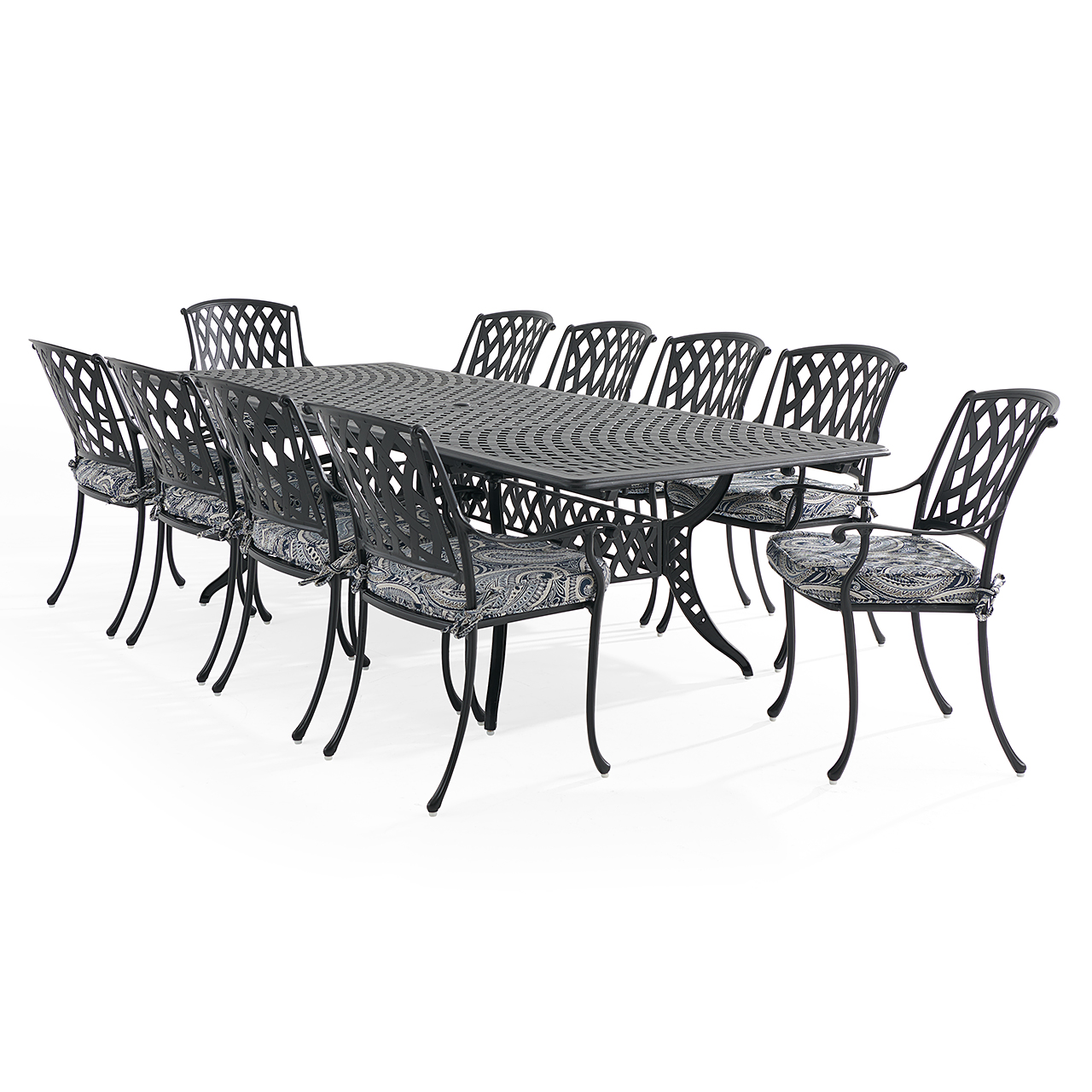 Tivoli Matte Black Cast Aluminum with Cushions 11 Piece Dining Set + 71-103 x 44 in. Extension Table (Royce Indigo)
