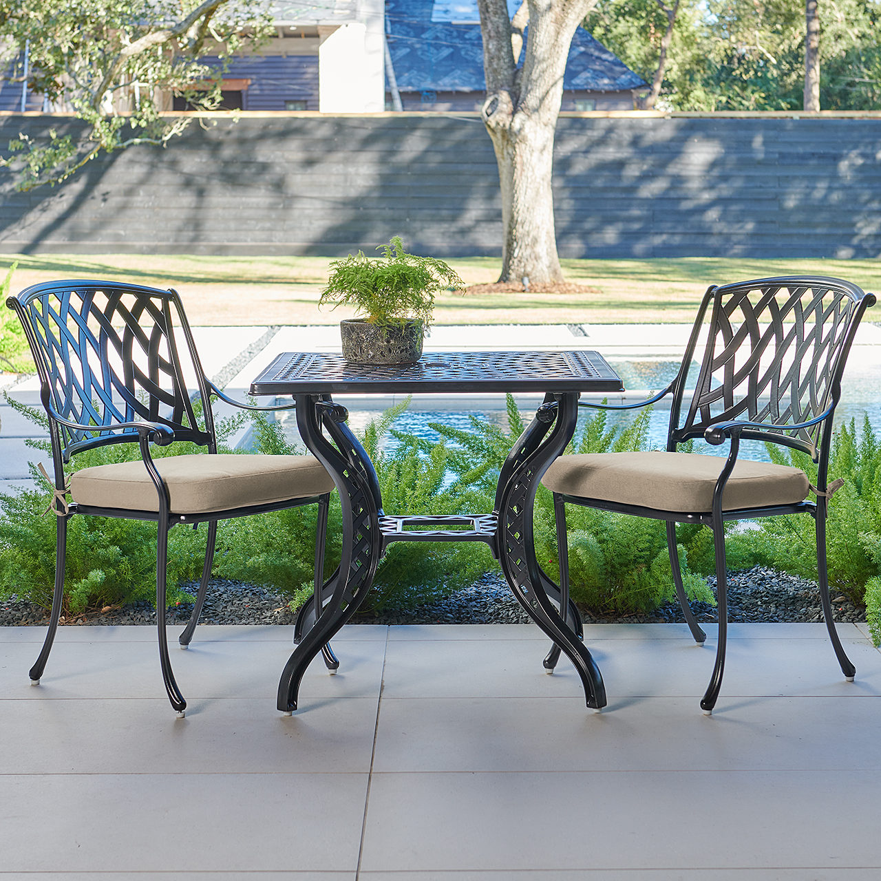Tivoli Matte Black Cast Aluminum with Cushions 3 Piece Bistro Set + 32 in. Sq. Table (Tempo Beige)