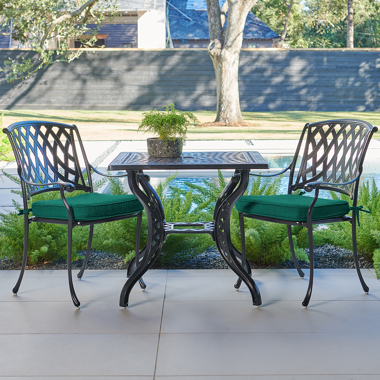 Tivoli Matte Black Cast Aluminum with Cushions 3 Piece Bistro Set + 32 in. Sq. Table (Canvas Forest Green)