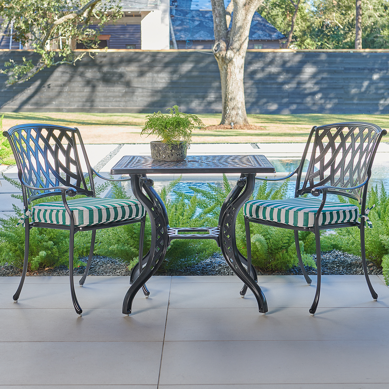 Tivoli Matte Black Cast Aluminum with Cushions 3 Piece Bistro Set + 32 in. Sq. Table (Mason Forest Green)