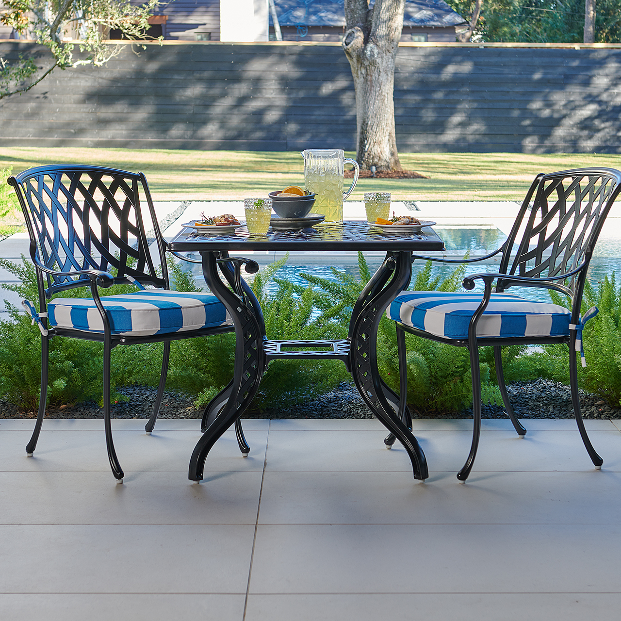 Tivoli Matte Black Cast Aluminum with Cushions 3 Piece Bistro Set + 32 in. Sq. Table (Cabana Regatta)