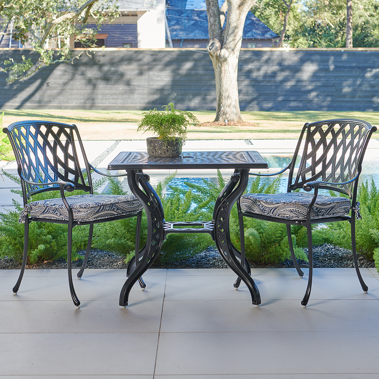 Tivoli Matte Black Cast Aluminum with Cushions 3 Piece Bistro Set + 32 in. Sq. Table (Royce Indigo)