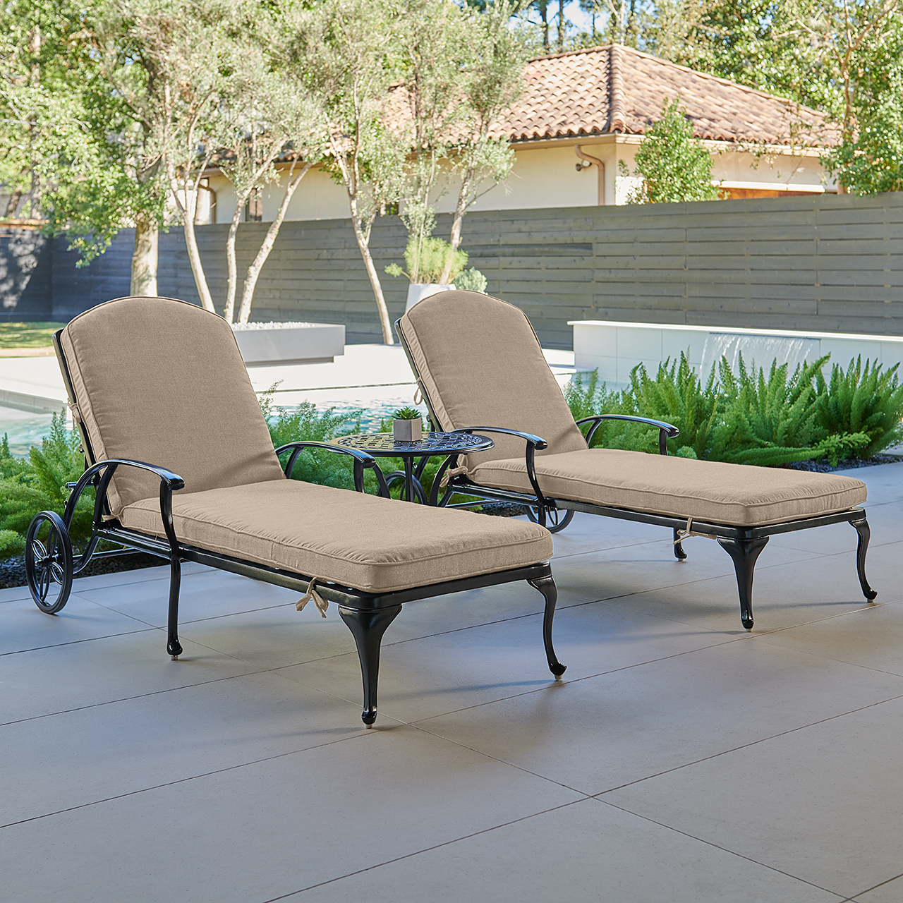 Tivoli Matte Black Cast Aluminum with Cushions 3 Piece Chaise Lounge Set + 22 in. D Side Table (Tempo Beige)
