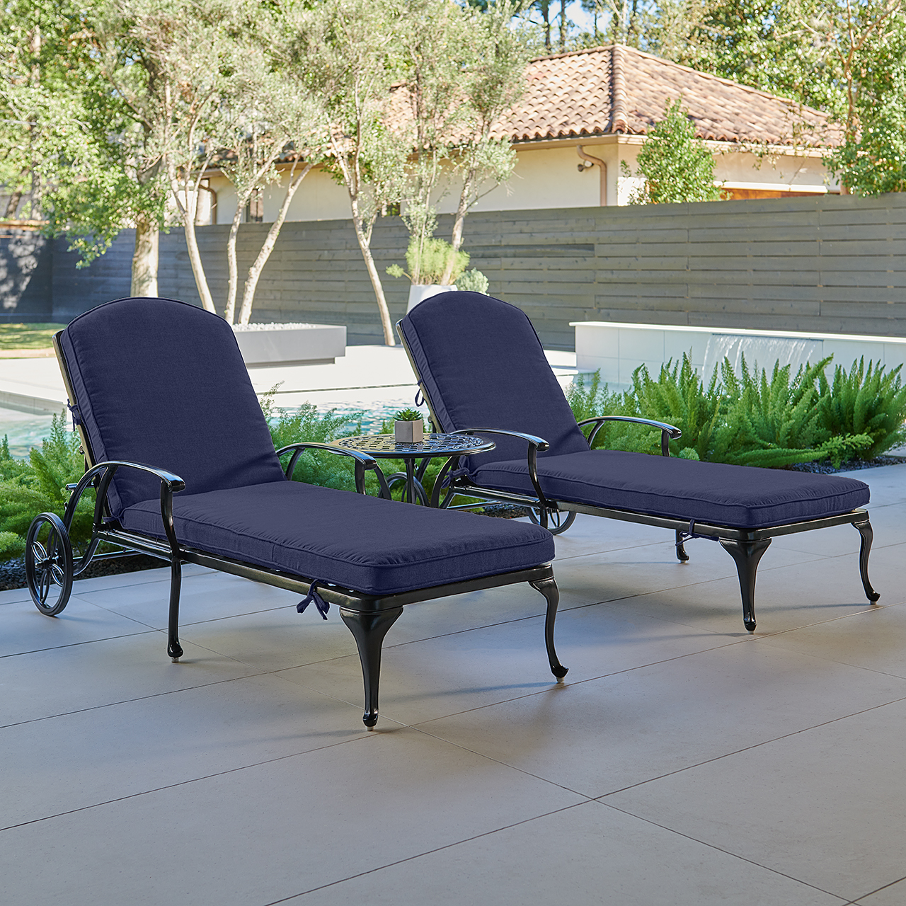 Tivoli Matte Black Cast Aluminum with Cushions 3 Piece Chaise Lounge Set + 22 in. D Side Table (Tempo Navy)