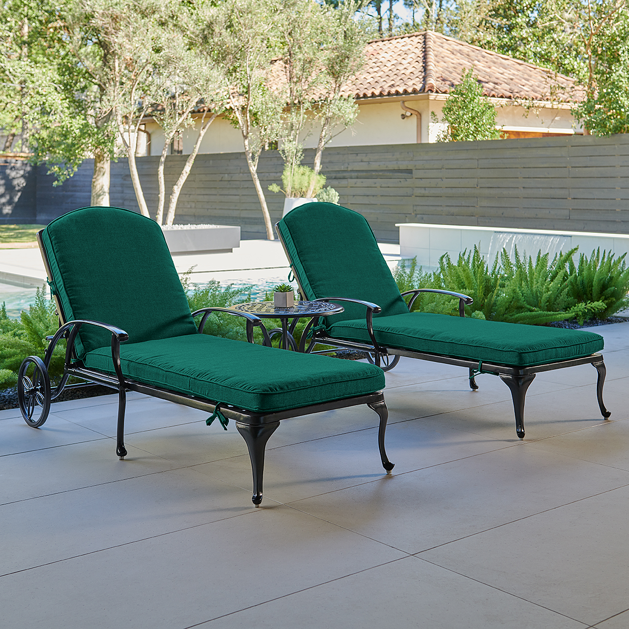 Tivoli Matte Black Cast Aluminum with Cushions 3 Piece Chaise Lounge Set + 22 in. D Side Table (Canvas Forest Green)