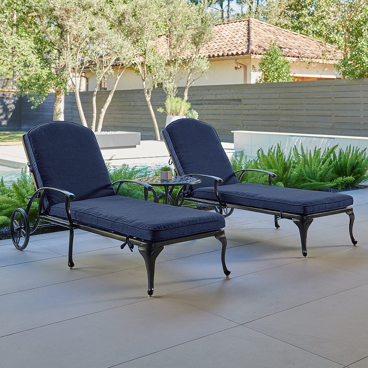 Tivoli Matte Black Cast Aluminum with Cushions 3 Piece Chaise Lounge Set + 22 in. D Side Table (Spectrum Indigo)