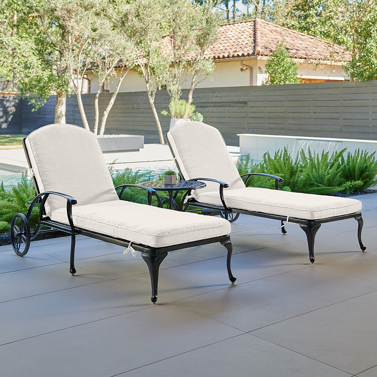 Tivoli Matte Black Cast Aluminum with Cushions 3 Piece Chaise Lounge Set + 22 in. D Side Table (Mist)