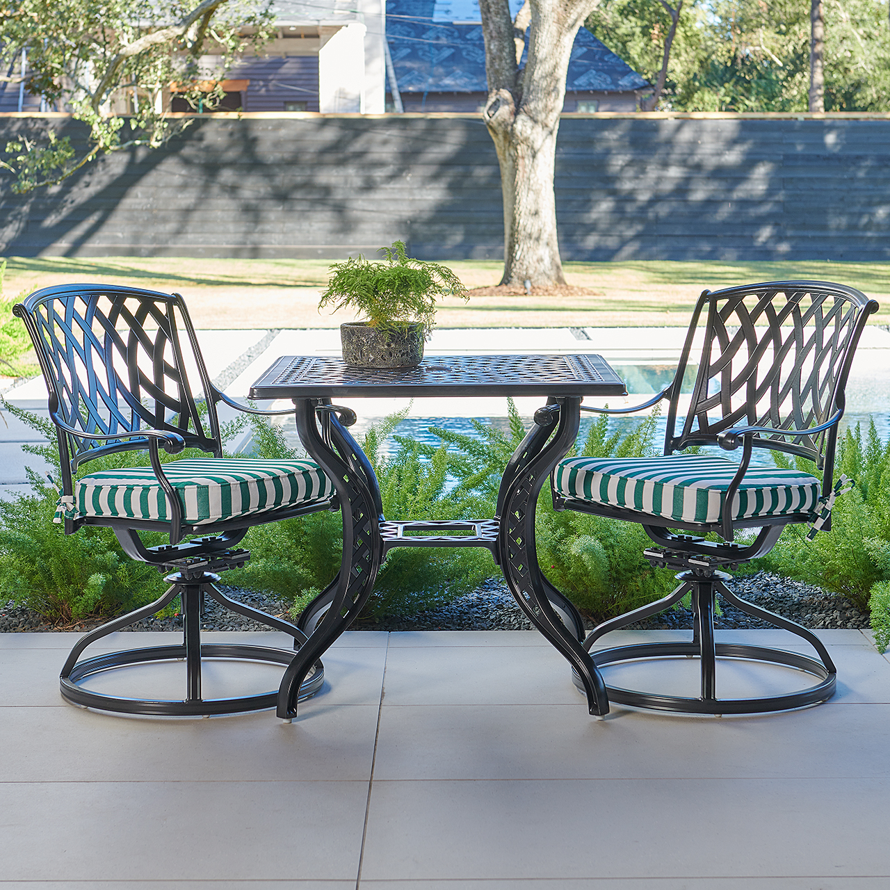 Tivoli Matte Black Cast Aluminum with Cushions 3 Piece Swivel Bistro Set + 32 in. Sq. Table (Mason Forest Green)