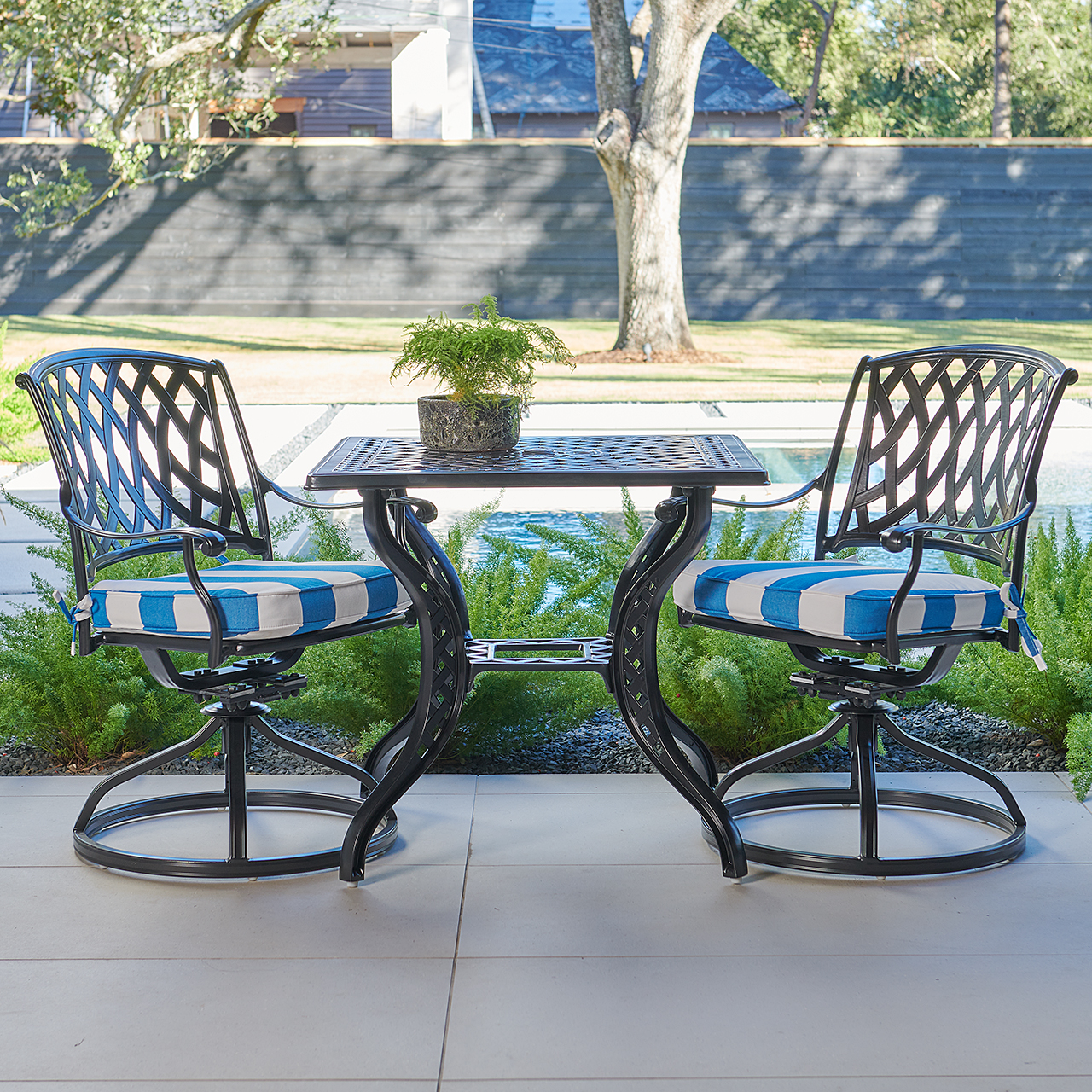 Tivoli Matte Black Cast Aluminum with Cushions 3 Piece Swivel Bistro Set + 32 in. Sq. Table (Cabana Regatta)