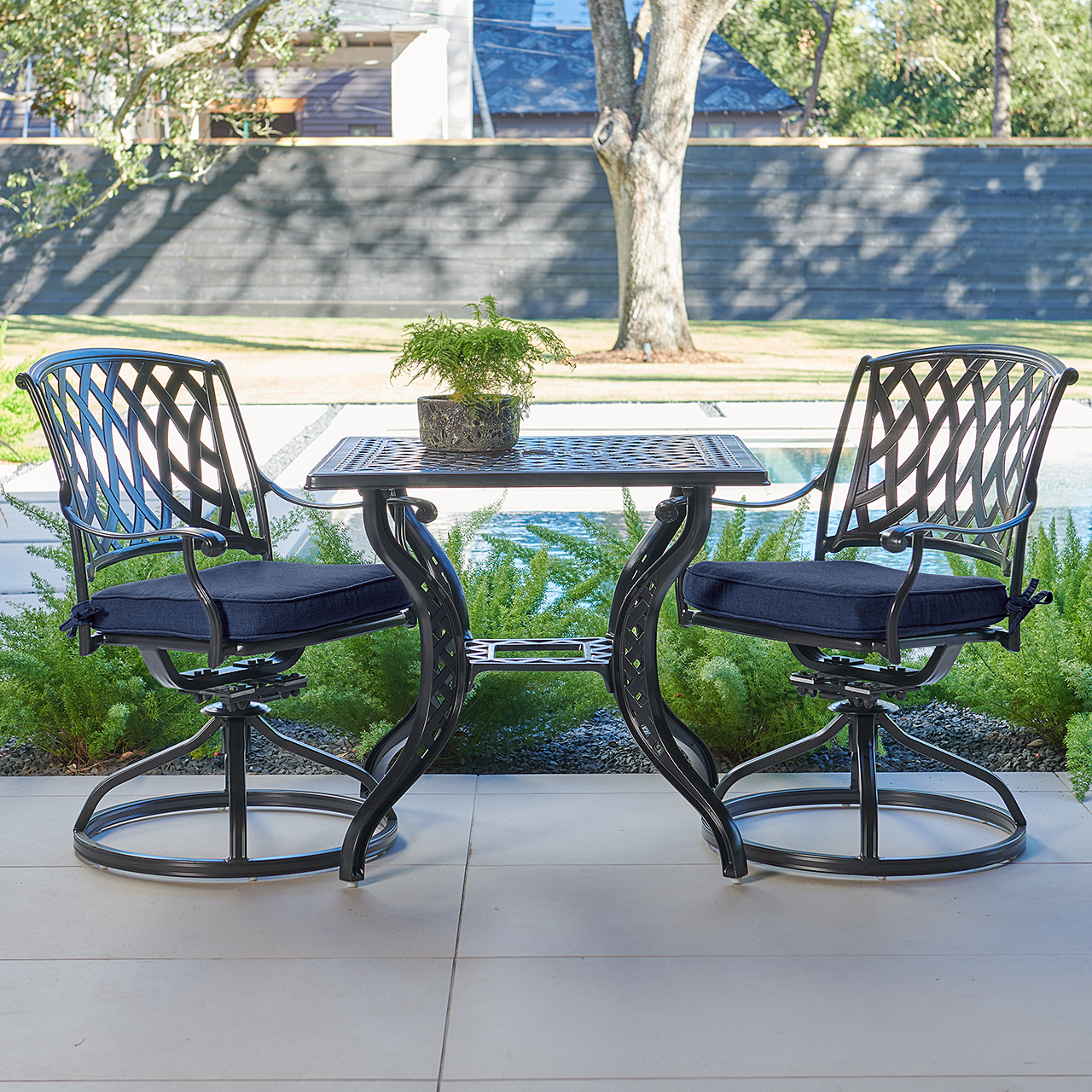 Tivoli Matte Black Cast Aluminum with Cushions 3 Piece Swivel Bistro Set + 32 in. Sq. Table (Spectrum Indigo)