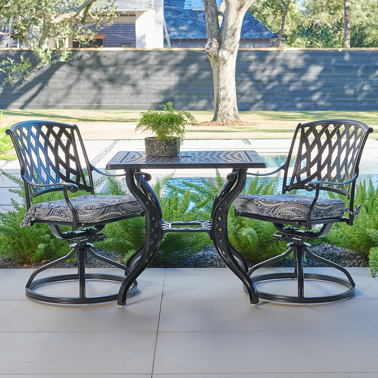 Tivoli Matte Black Cast Aluminum with Cushions 3 Piece Swivel Bistro Set + 32 in. Sq. Table (Royce Indigo)