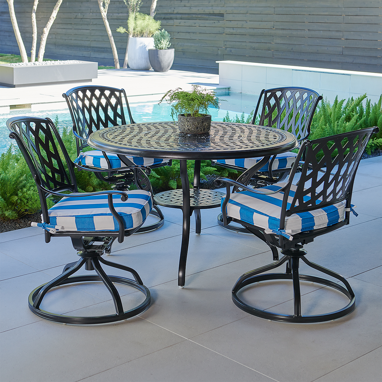 Tivoli Matte Black Cast Aluminum with Cushions 5 Piece Swivel Dining Set + 48 in. D Table (Cabana Regatta)