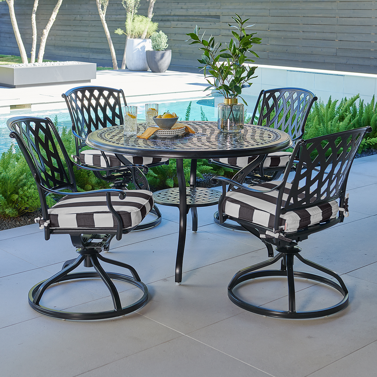 Tivoli Matte Black Cast Aluminum with Cushions 5 Piece Swivel Dining Set + 48 in. D Table (Cabana Classic)