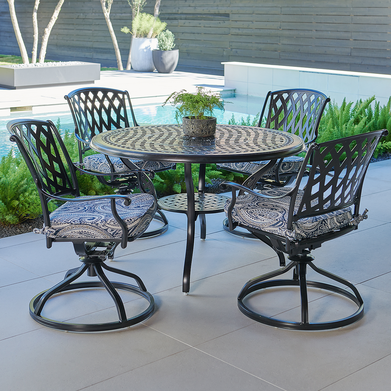 Tivoli Matte Black Cast Aluminum with Cushions 5 Piece Swivel Dining Set + 48 in. D Table (Royce Indigo)