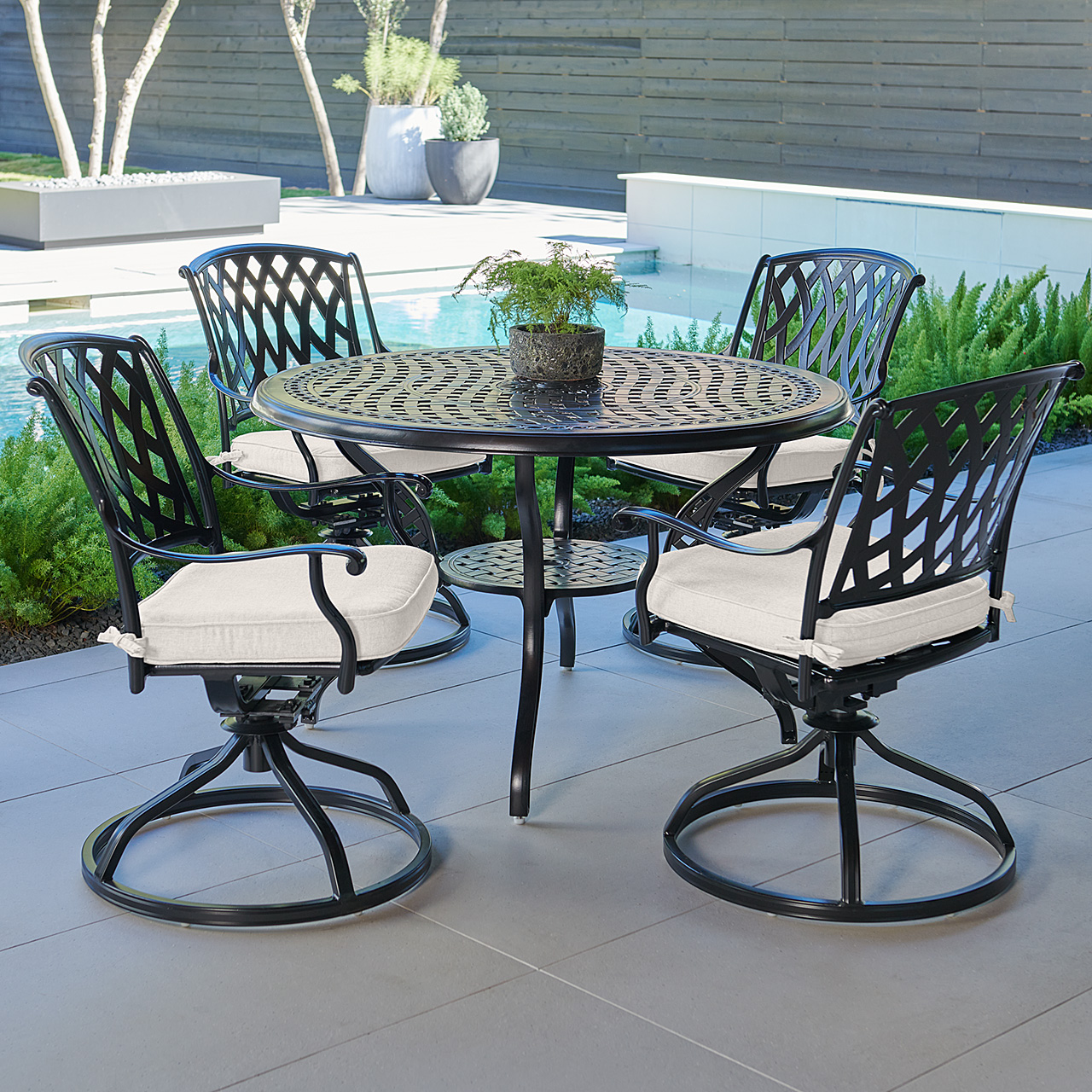 Tivoli Matte Black Cast Aluminum with Cushions 5 Piece Swivel Dining Set + 48 in. D Table (Mist)