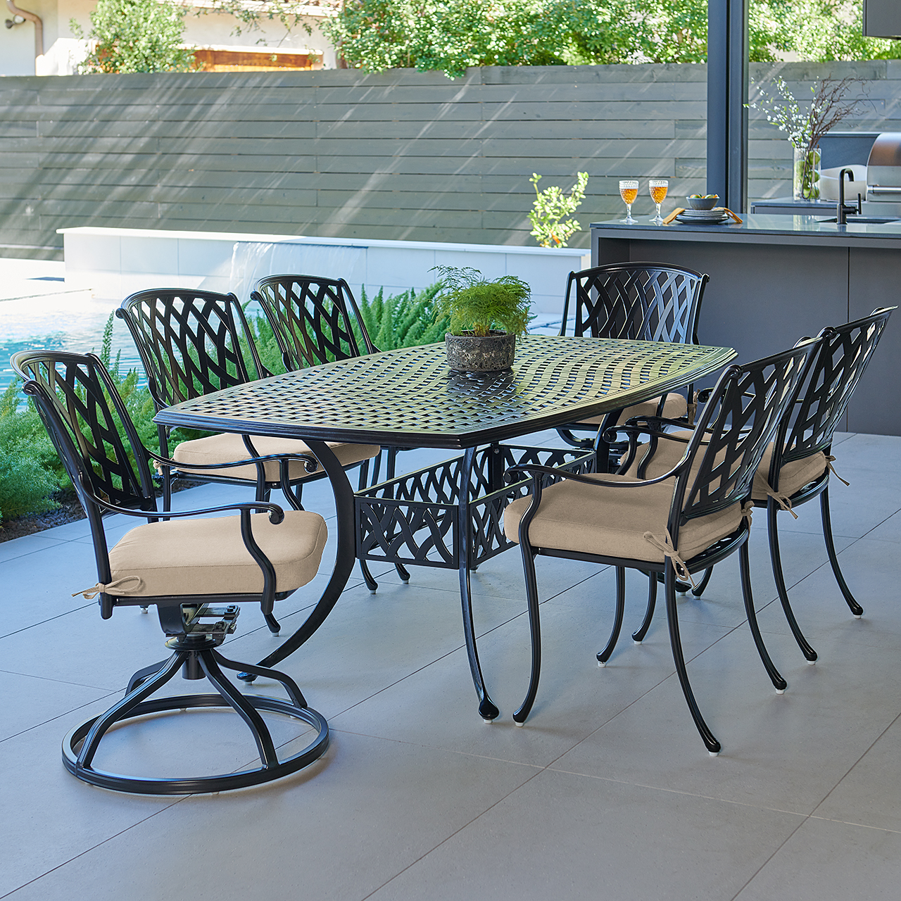 Tivoli Matte Black Cast Aluminum with Cushions 7 Piece Combo Dining Set + 72 x 42 in. Table (Tempo Beige)
