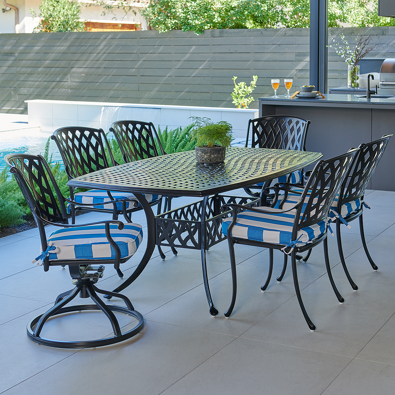 Tivoli Matte Black Cast Aluminum with Cushions 7 Piece Combo Dining Set + 72 x 42 in. Table (Cabana Regatta)