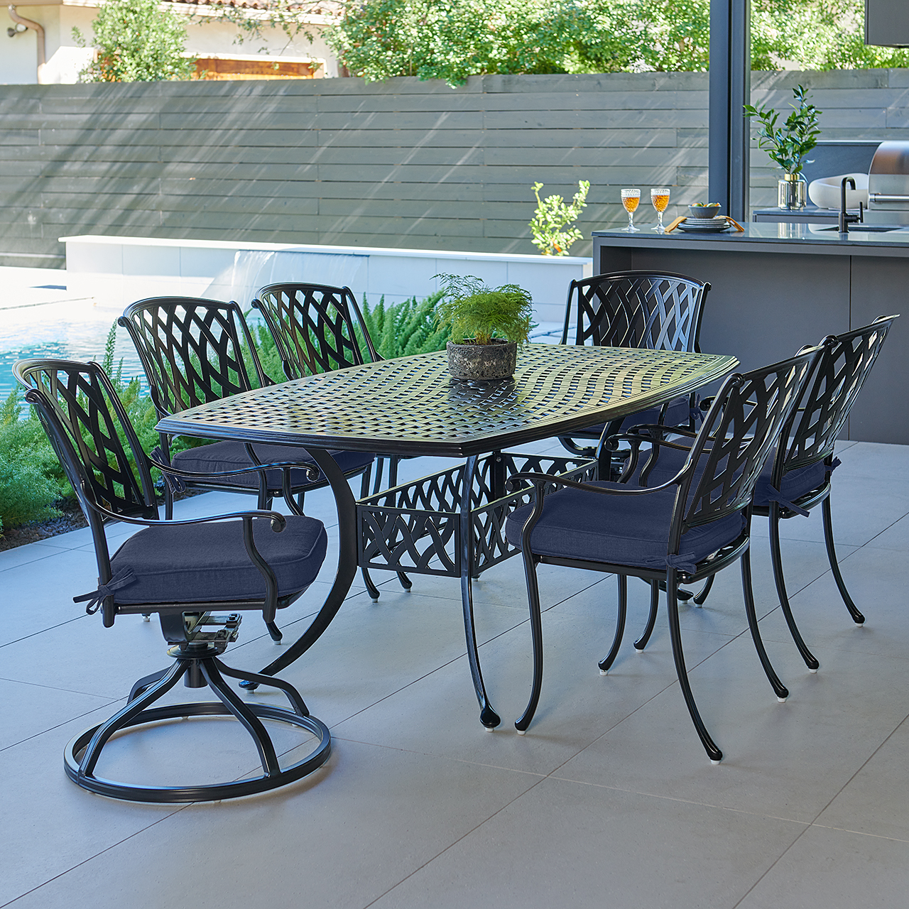 Tivoli Matte Black Cast Aluminum with Cushions 7 Piece Combo Dining Set + 72 x 42 in. Table (Spectrum Indigo)