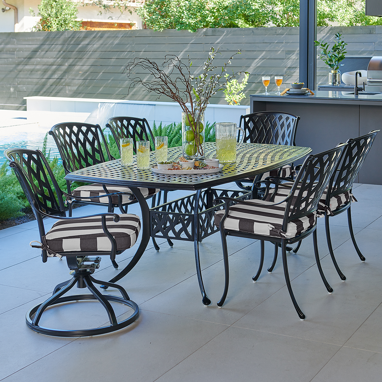 Tivoli Matte Black Cast Aluminum with Cushions 7 Piece Combo Dining Set + 72 x 42 in. Table (Cabana Classic)
