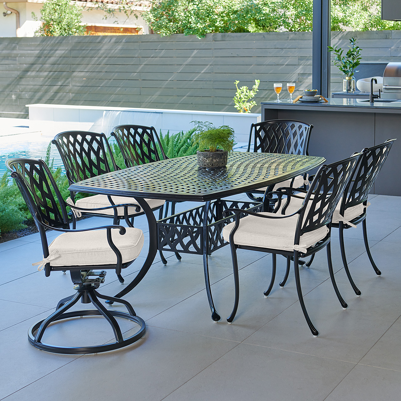 Tivoli Matte Black Cast Aluminum with Cushions 7 Piece Combo Dining Set + 72 x 42 in. Table (Mist)