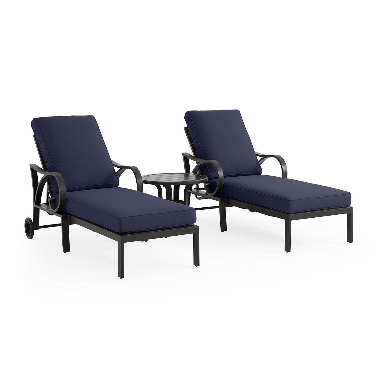 Key West Rustic Bronze Aluminum with Cushions 3 Piece Chaise Lounge Set + 24 in. D End Table (Panama Indigo)