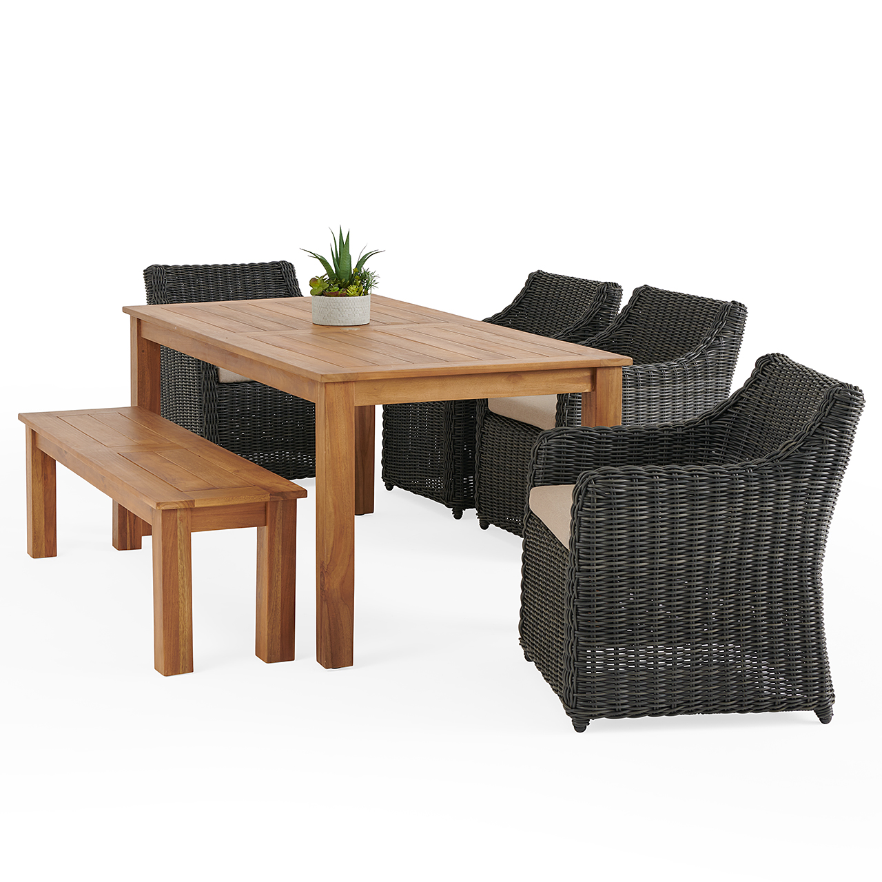 Laguna Smoke Outdoor Wicker and Solid Teak with Cushions 6 Piece Bench Dining Set + 71 x 36 in. Table (Cast Ash)
