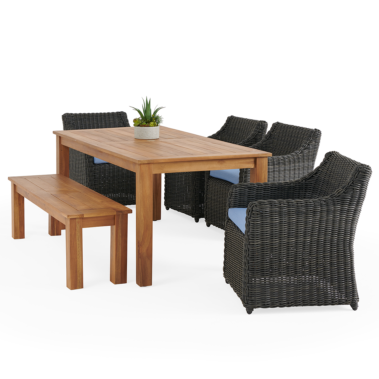 Laguna Smoke Outdoor Wicker and Solid Teak with Cushions 6 Piece Bench Dining Set + 71 x 36 in. Table (Cast Ocean)