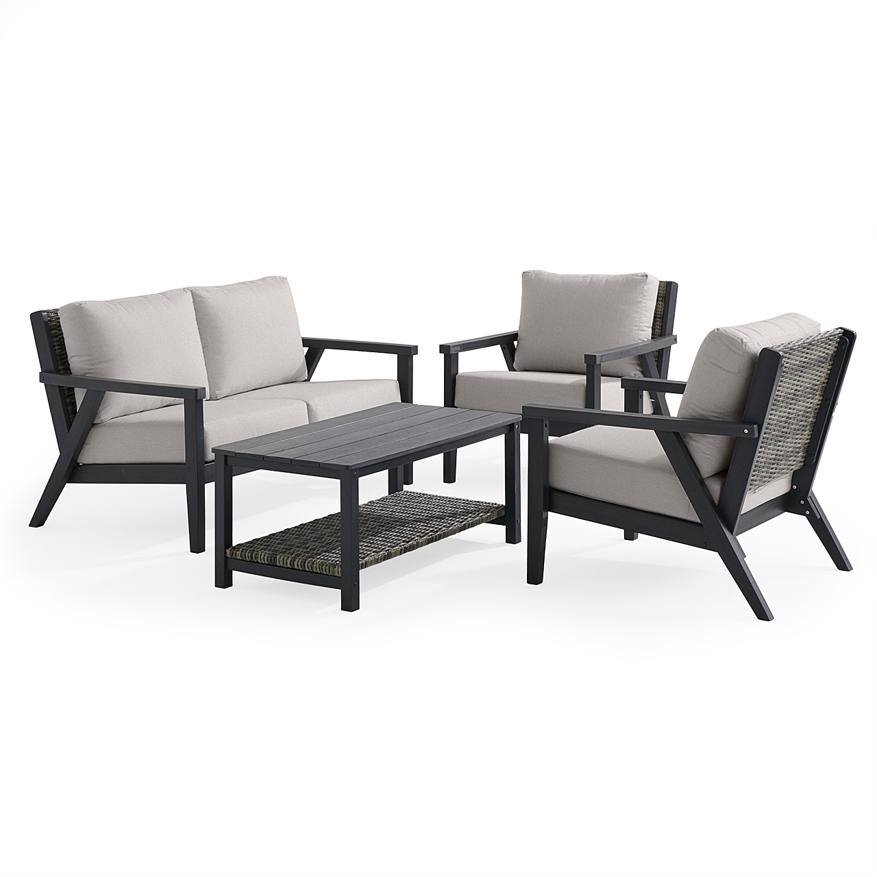 Nantucket Black Polymer and Wicker with Cushions 4 Piece Loveseat Group + 42 x 24 in. Coffee Table (Canvas Granite)