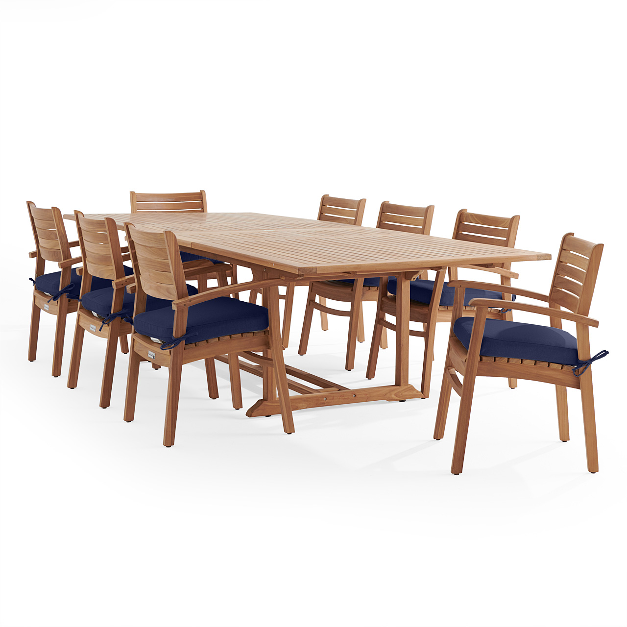 Warwick Teak with Cushions 9 Piece Dining Set + Bristol 87-118 x 47 in. Table (Navy)