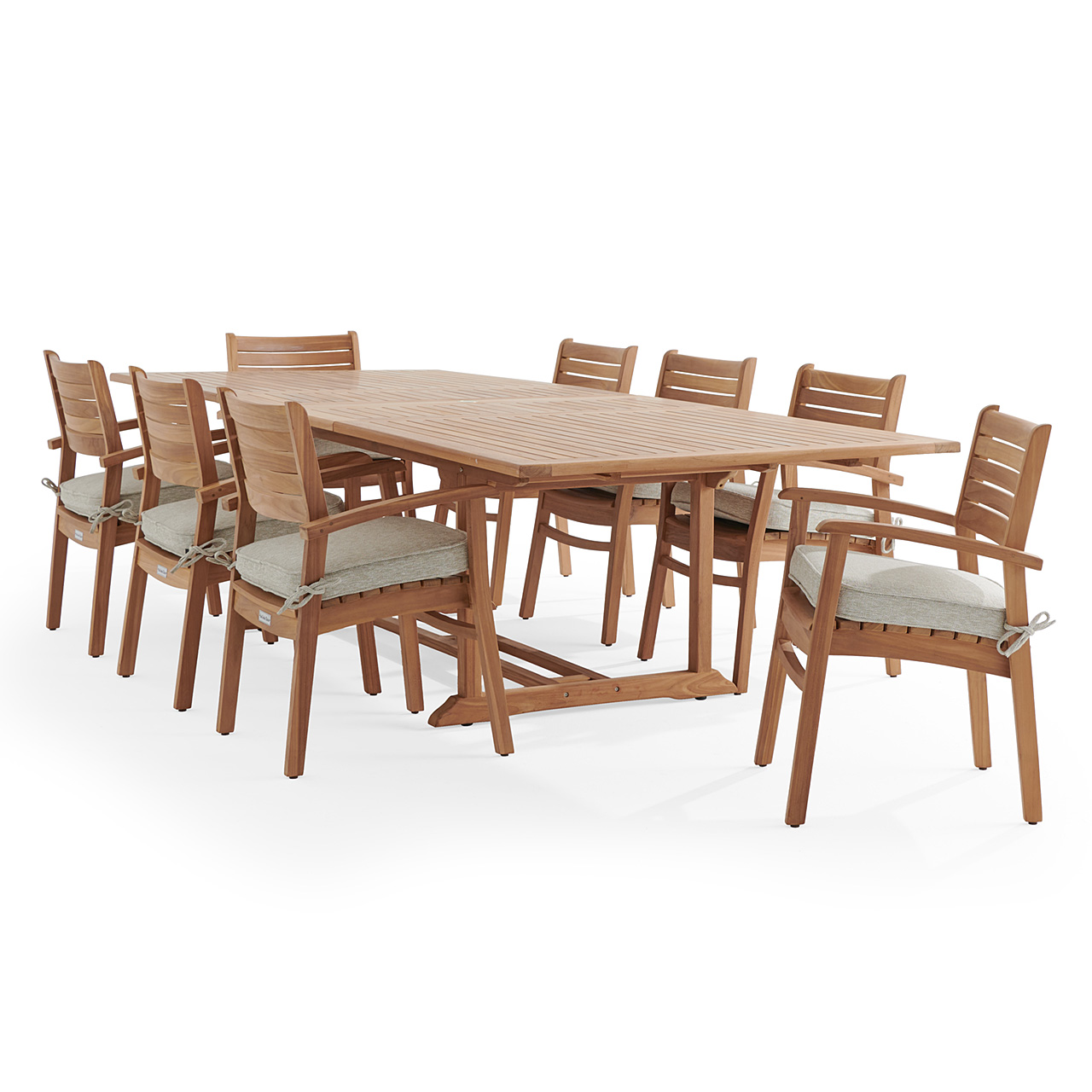 Warwick Teak with Cushions 9 Piece Dining Set + Bristol 87-118 x 47 in. Table (Melange Ash)