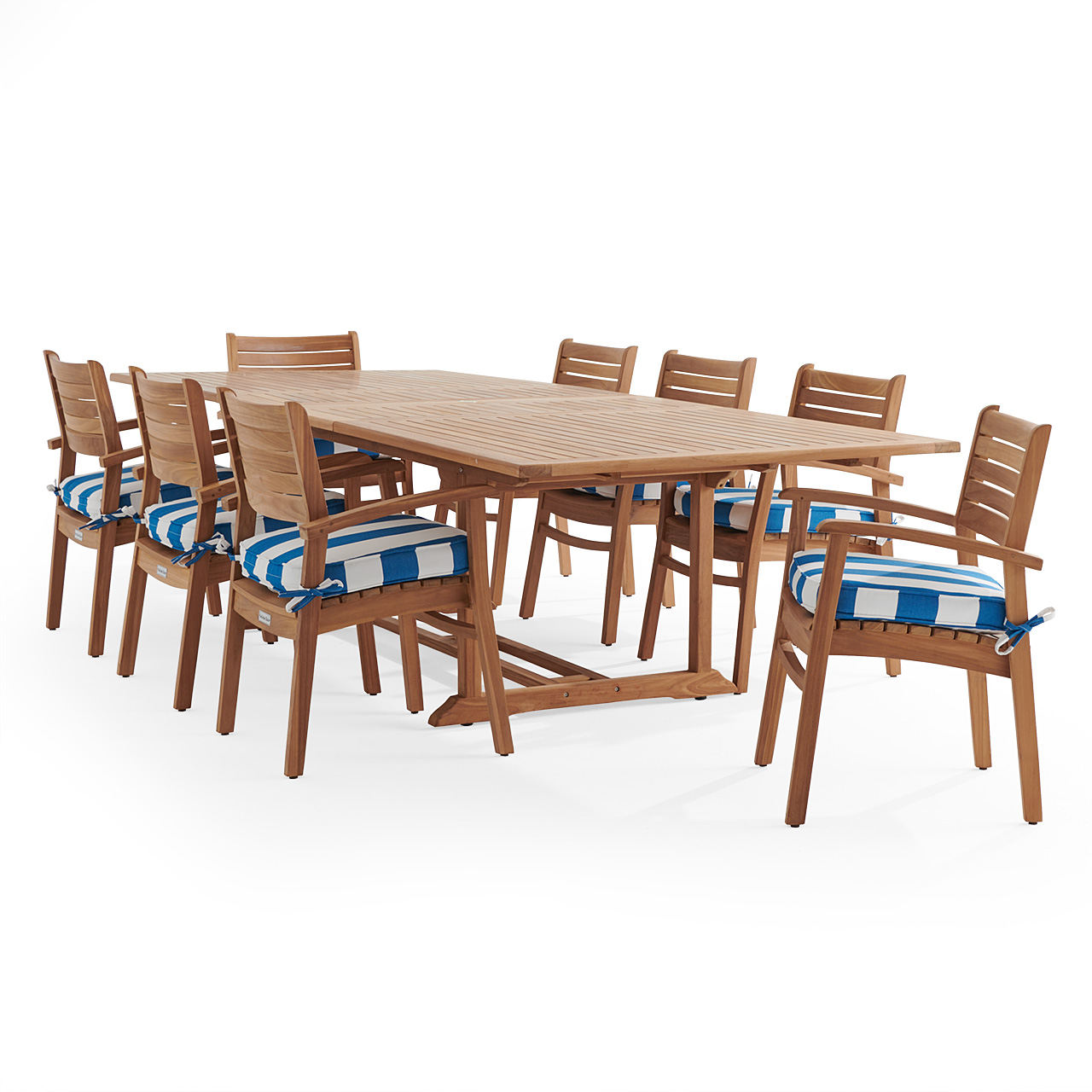Warwick Teak with Cushions 9 Piece Dining Set + Bristol 87-118 x 47 in. Table (Cabana Regatta)