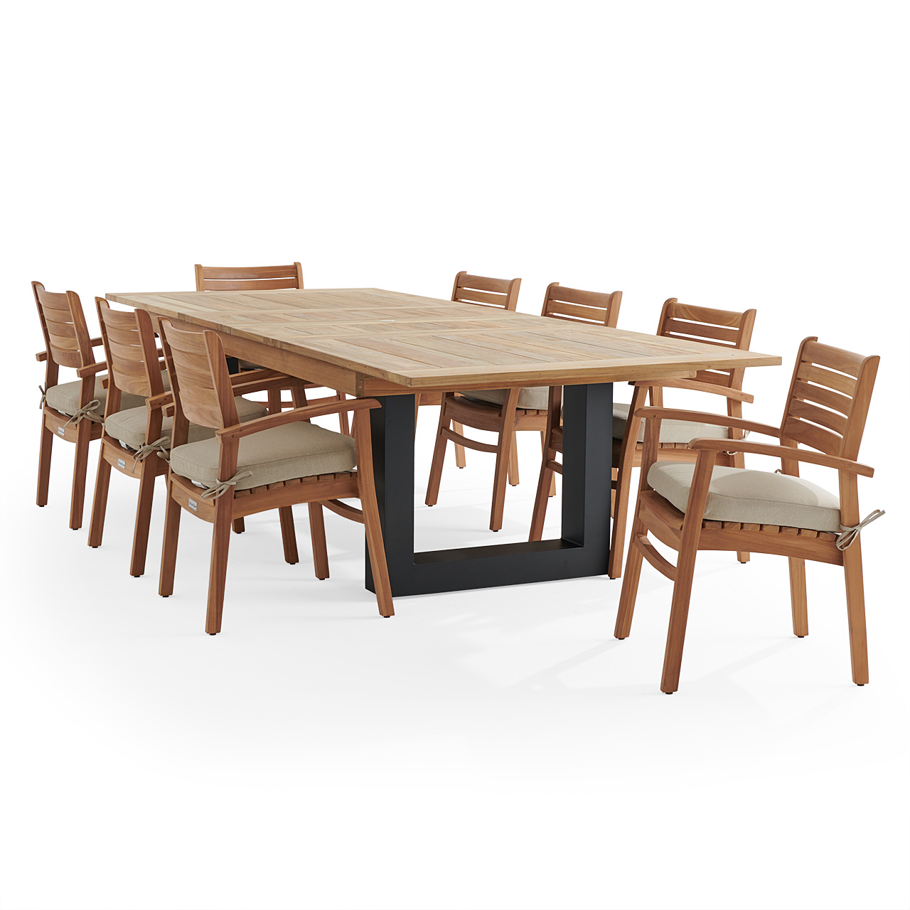 Warwick Teak with Cushions 9 Piece Dining Set + Balencia 87-118 x 47 in. Extension Table (Beige)