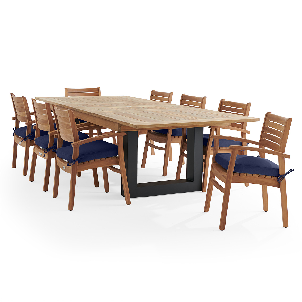 Warwick Teak with Cushions 9 Piece Dining Set + Balencia 87-118 x 47 in. Extension Table (Navy)