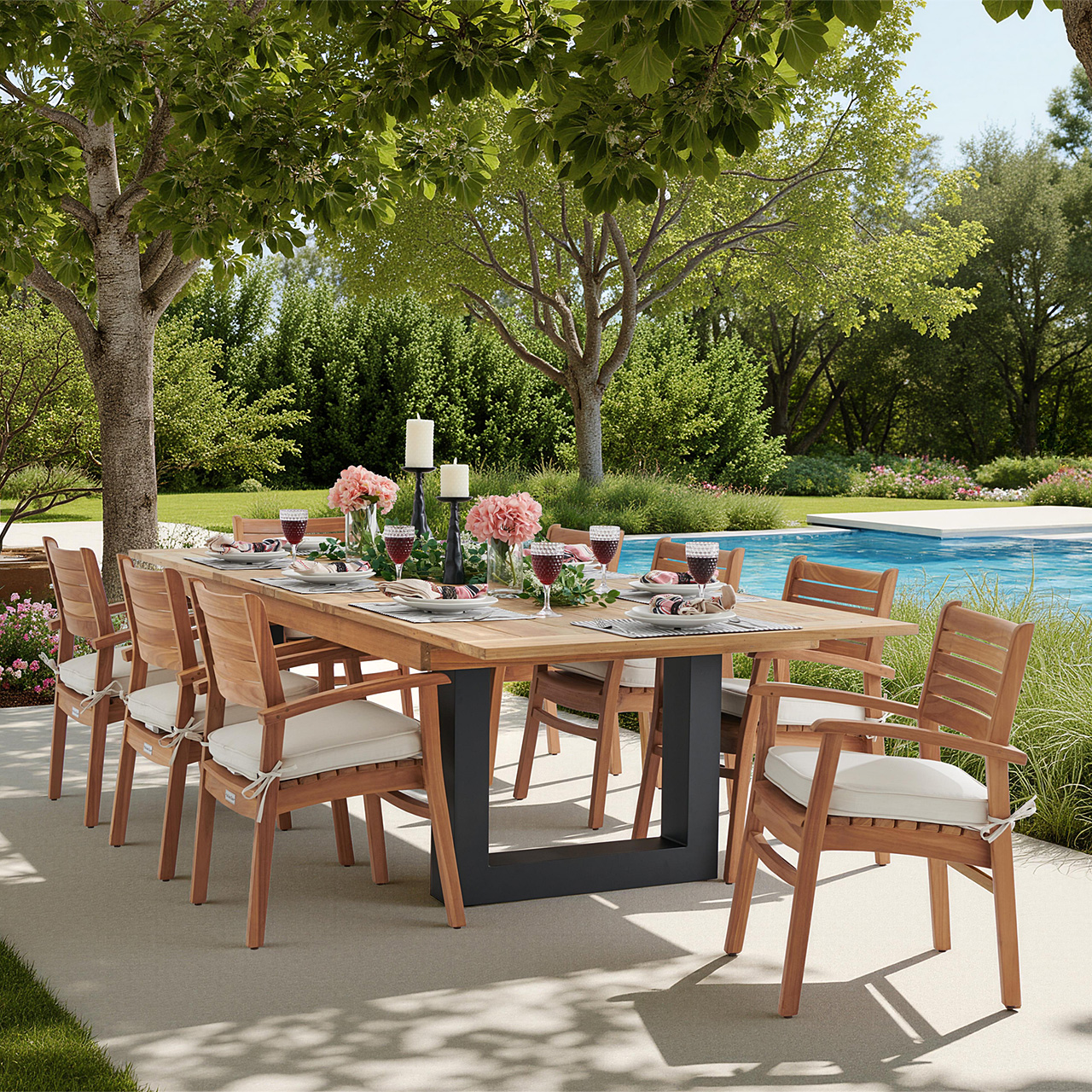 Warwick Teak with Cushions 9 Piece Dining Set + Balencia 87-118 x 47 in. Extension Table (Mist)