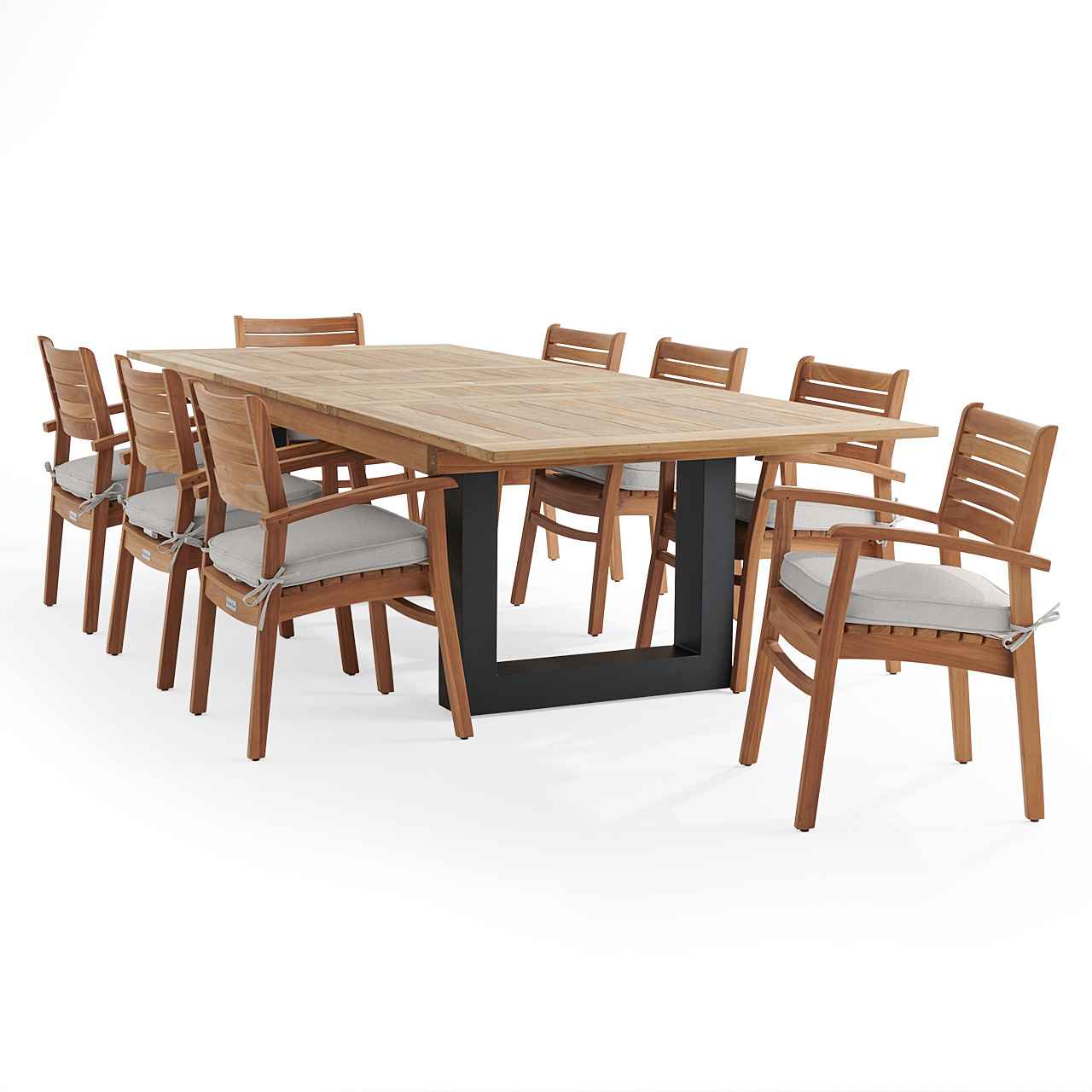 Warwick Teak with Cushions 9 Piece Dining Set + Balencia 87-118 x 47 in. Extension Table (Canvas Granite)