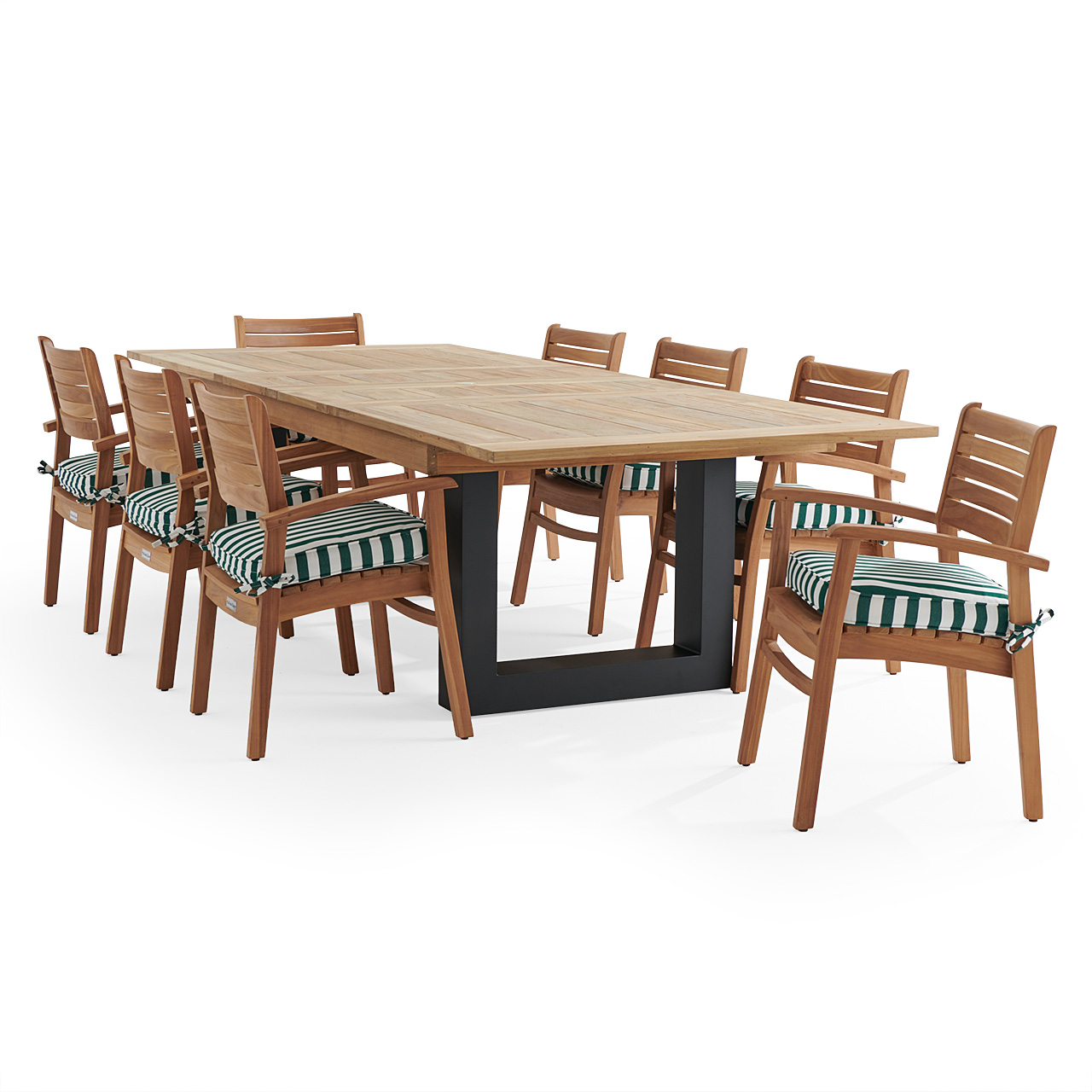 Warwick Teak with Cushions 9 Piece Dining Set + Balencia 87-118 x 47 in. Extension Table (Mason Forest Green)
