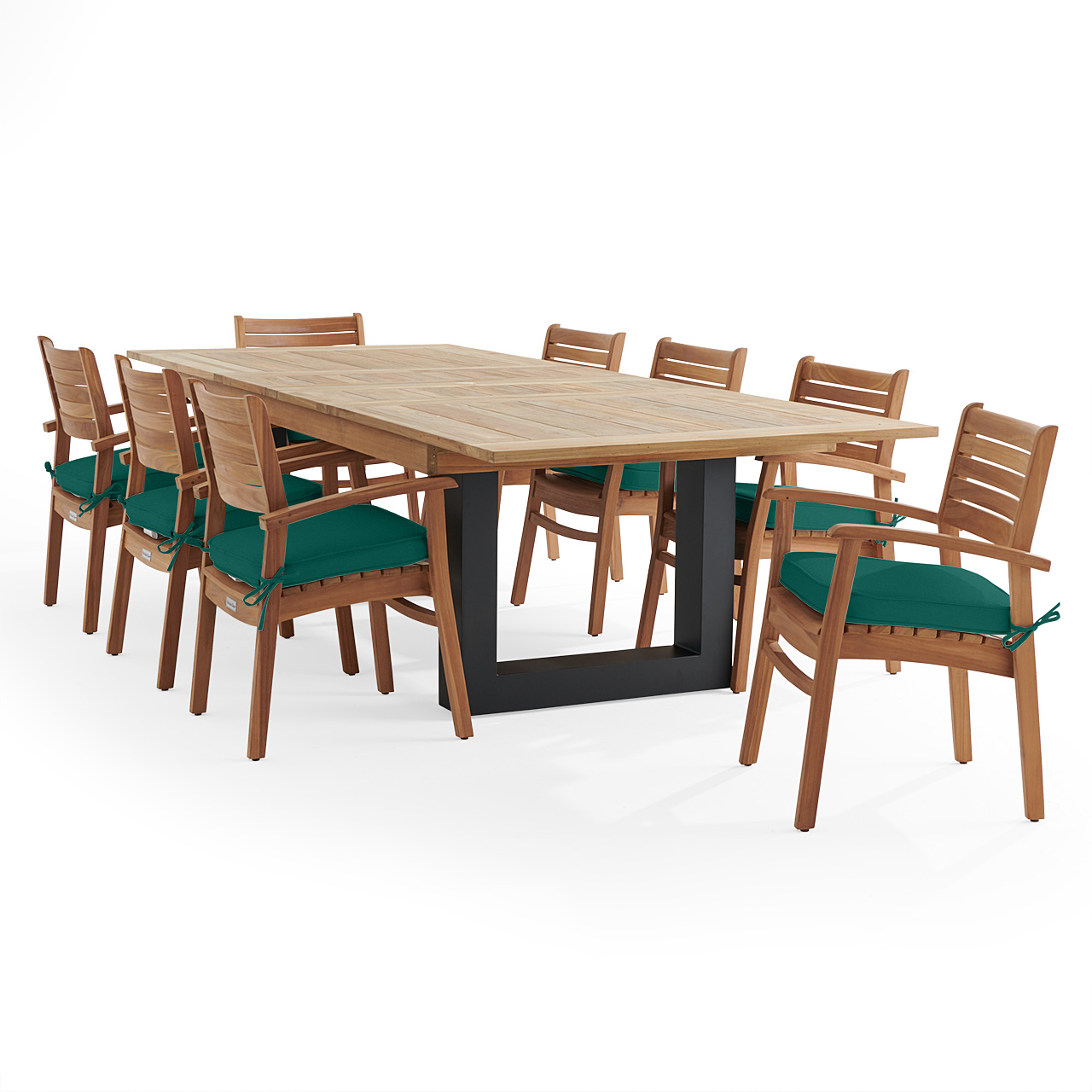 Warwick Teak with Cushions 9 Piece Dining Set + Balencia 87-118 x 47 in. Extension Table (Canvas Forest Green)