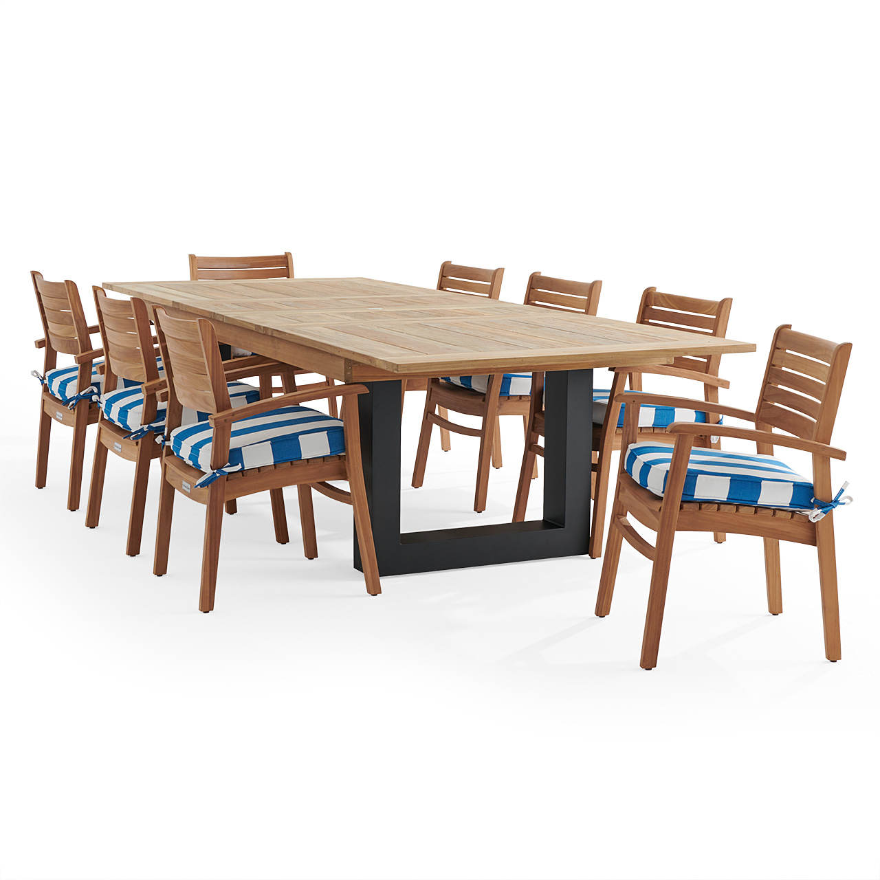 Warwick Teak with Cushions 9 Piece Dining Set + Balencia 87-118 x 47 in. Extension Table (Cabana Regatta)
